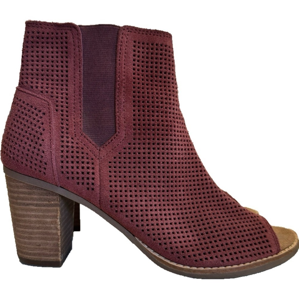 TOMS Majorca Boots Size 7.5 Block Heel Open Toe Burgundy Suede Bootie Trendy